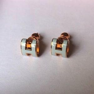 Hermes Mini Pop H Lacquered rose gold plated earrings - bleu zephyr